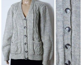 70s 80s hand knitted speckled grey + cream acrylic chunky cardigan pockets M L