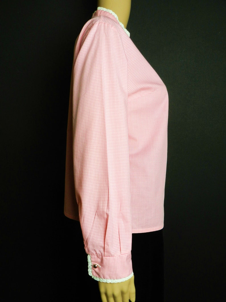 12-14 s m 60s 70s home sewn High Neck Collar blouse in COTTON candy pink gingham check eyelet lace trim U.K