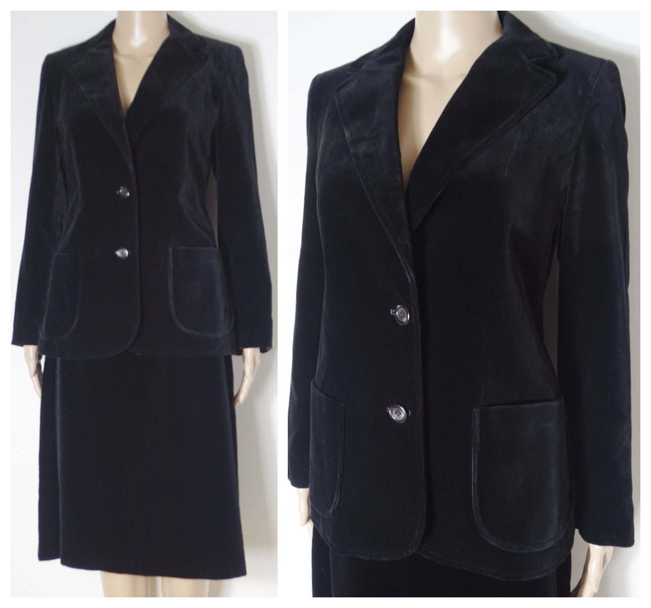 Buy 70s 80s St Michael Two Piece Black Cotton Velvet Suit Fitted 