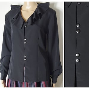 80s 90s black silky blouse ruffled collar U.K. 12 M