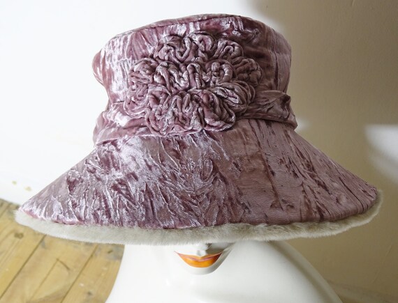 70s plush dusty pink crushed velvet bucket hat wi… - image 5