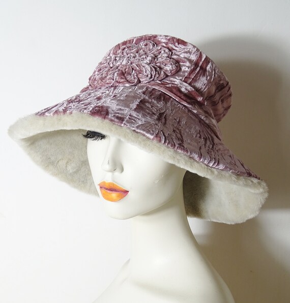 70s plush dusty pink crushed velvet bucket hat wi… - image 8