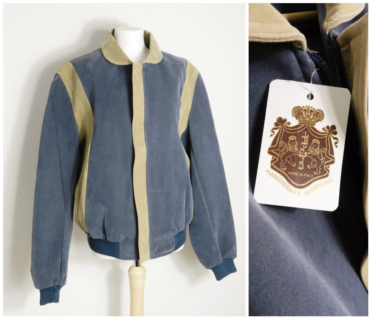 Image of 70S 80S Deadstock Italian Mens Faux Suede Powder Blue + Tan Bomber Jacket 50'' Chest L Xl