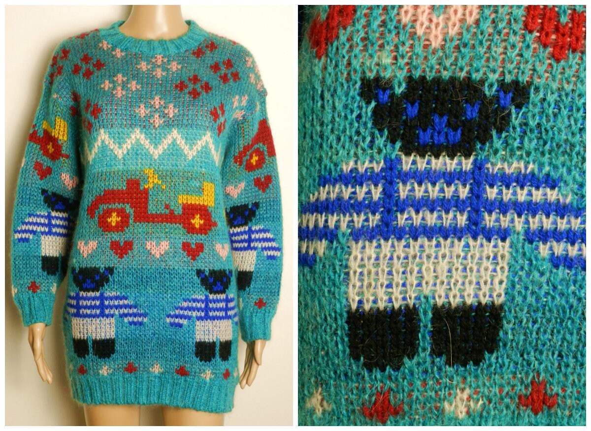 Image of Adorable S Longline Double Knit Mohair Blend Novelty Jumper in Aqua Red Yellow Blue + White S ~ M
