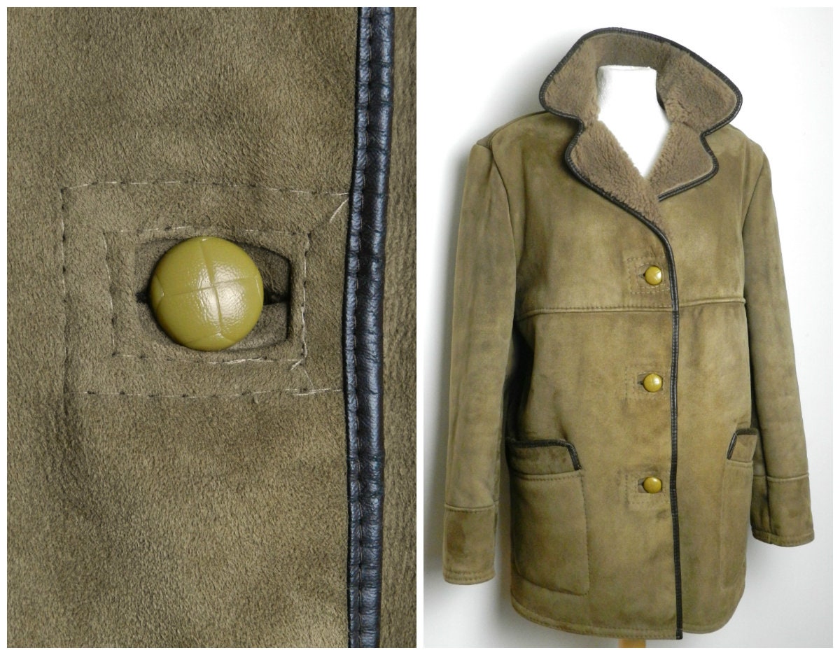 Image of Exceptional 60S Sandy Fine Longline Sheepskin Coat Golden Shearling Pile Brown Leather Piping Oversized Collar M ~ L 44'' Chest Max