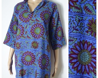 60s 70s soft hand woven cotton hand block print hippie top tunic M L