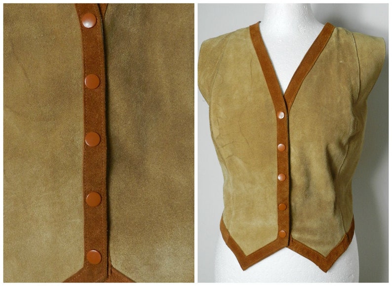 60s 70s womens supple TAN suede leather snap front FITTED vest waistcoat 38/'/' bust U.K 10-12