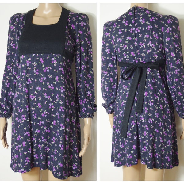 Rare 70s blue  TOPSHOP tie back mini dress  purple + lilac floral print U.K. 4 - 6 S XS