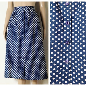 80s 90s mid length button down cotton skirt navy blue + white polka dot skirt U.K. 10 - 12 S M