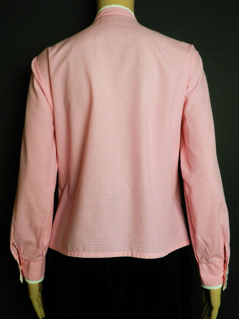 12-14 s m 60s 70s home sewn High Neck Collar blouse in COTTON candy pink gingham check eyelet lace trim U.K