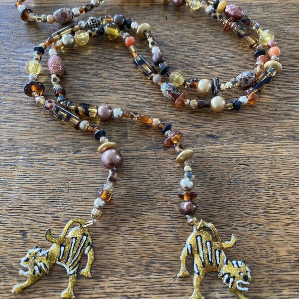 Signed Lunch at The Ritz Beaded Lariat Necklace Wrap Around Tigers