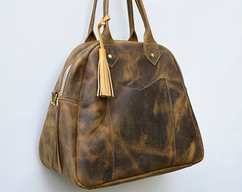 Handmade Leather Bowler Bag, Large Tote with Crossbody Strap