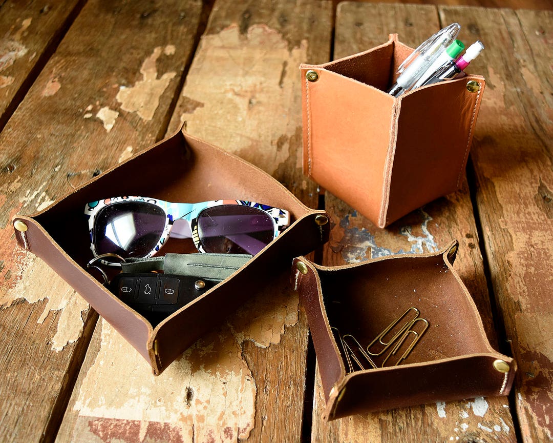 Leather Desk Organizer // Handmade Leather Valet Tray // Desk Organizer ...