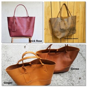 May include: Four leather tote bags in different colors: brick rose, distressed brown, sienna, and ginger. The bags are all made of high-quality leather and have a spacious interior.