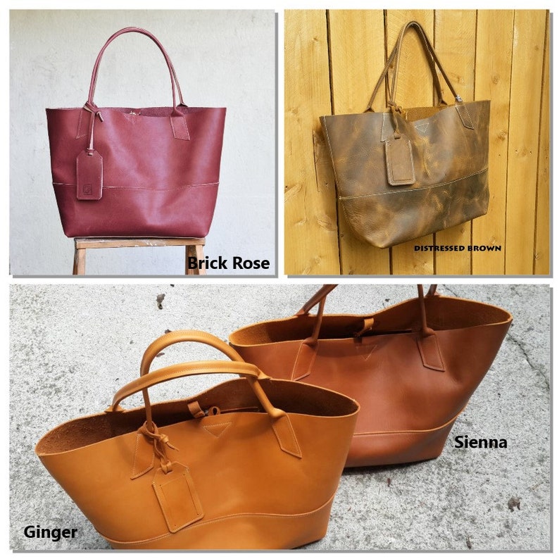 May include: Four leather tote bags in different colors: brick rose, distressed brown, sienna, and ginger. The bags are all made of high-quality leather and have a spacious interior.