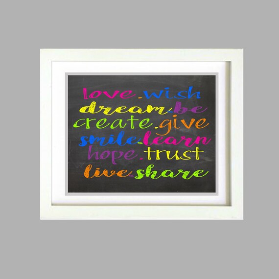 Love Wish Dream Create Smile Hope Trust Learn Share Girl's Room Chalk wall poster 8x10 Digital Art Printable