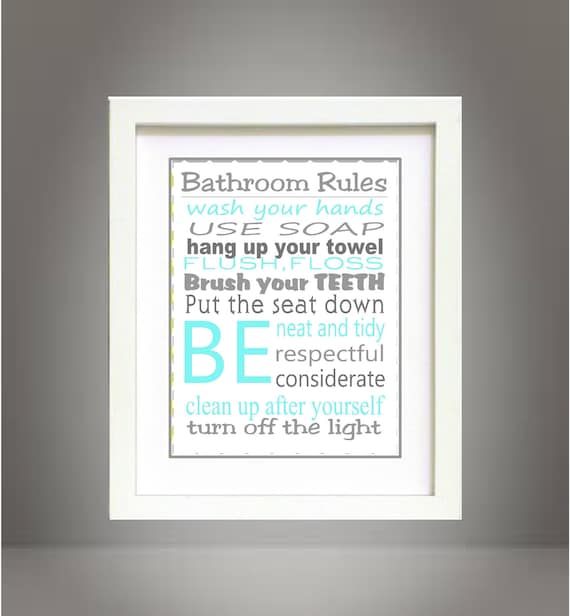 Grey and Turquoise Bathroom Rules Wall Art  Poster 8x10 Digital Art Download Printable e-Print Print