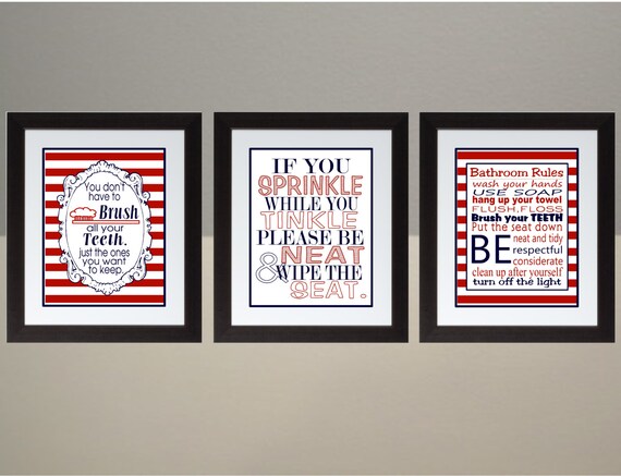 Red and Navy Stripes Bathroom Rules Wall Art Print Set Poster 8x10 Digital Download Printable July 4th, Americana, American decor