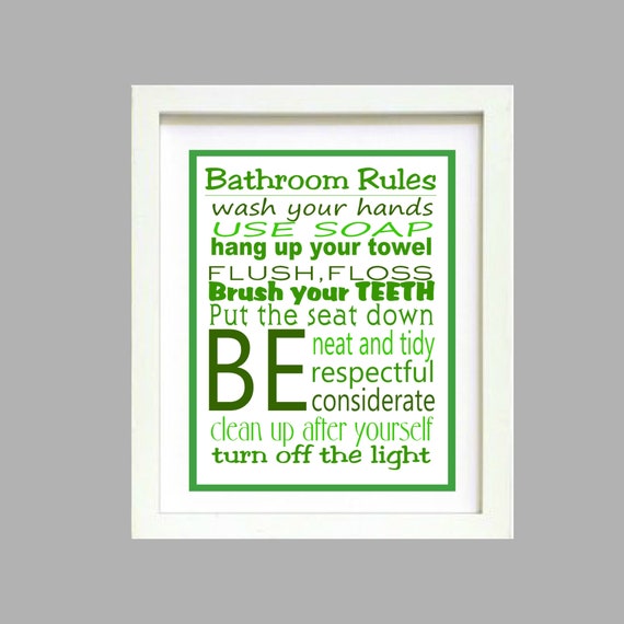 Green Bathroom Rules Wall Art  Poster 8x10 Digital Art Download Printable e-Print Print