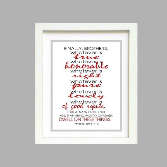 Red Phillipians 4:8 Scripture Bible Verse Christian Inspirational wall poster digital download  8x10  Digital Art Printable  Print e-Print