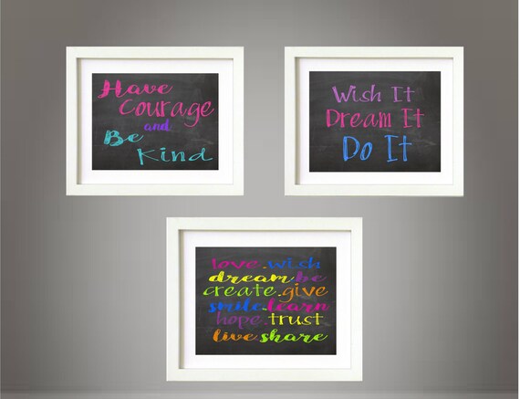 Girl's Room Inspirational Chalk Wall Poster Set 8x10 Digital Art Printable, Tween Quotes