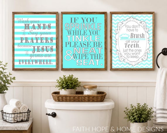 Turquoise Gray Chevron bathroom Wall Art Print Set Poster 8x10 Digital Download Printable e-Print