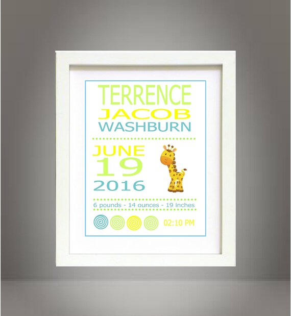 Custom Personalized Baby Boy Girl Nursery Giraffe Zoo Wall Art Print Poster 8x10 Digital Art Printable - Baby's Room