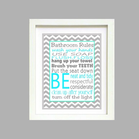Bathroom Rules Print | Gray Turquoise Chevron  Bathroom Decor Wall Art  Poster 8x10 Digital Download Printable