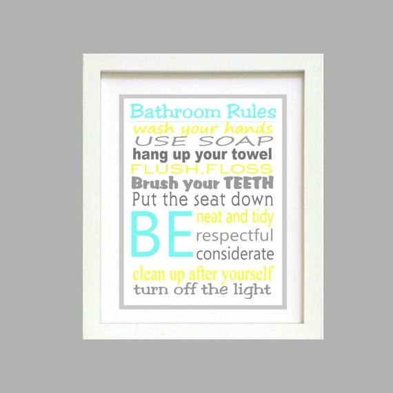 Grey and Yellow, Turquiose Bathroom Rules Wall Art  Poster 8x10 Digital Art Download Printable e-Print Print