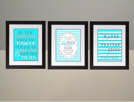 Turquoise Gray Chevron bathroom Wall Art Print Set Poster 8x10 Digital Download Printable e-Print