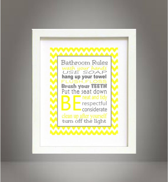 Gray and Yellow Chevron Bathroom Rules Wall Art  Poster 8x10 Digital Art Download Printable e-Print Print