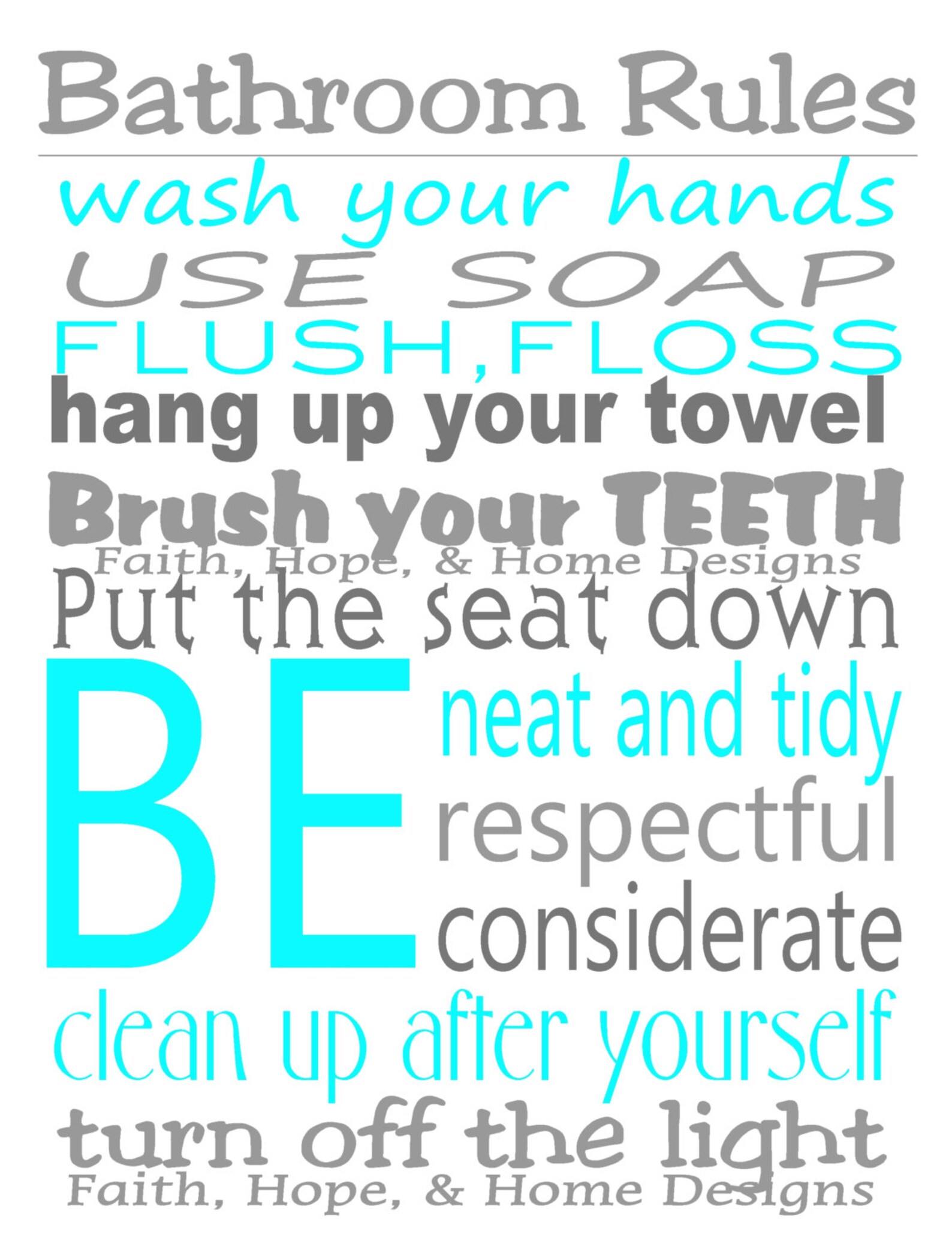 Grey and Turquoise Bathroom Rules Wall Art Poster 8x10 Digital - Etsy