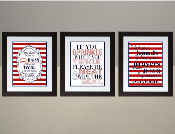 Red and Navy Stripes bathroom Wall Art Print Set Poster 8x10 Digital Download Printable e-Print