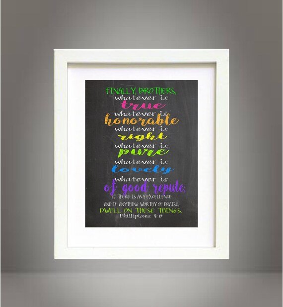 Chalkboard Style Bible Verse Scripture Sign Chalk Wall Art Print Digital Download Printable Phillipians 4:8 Christian Inspirational poster