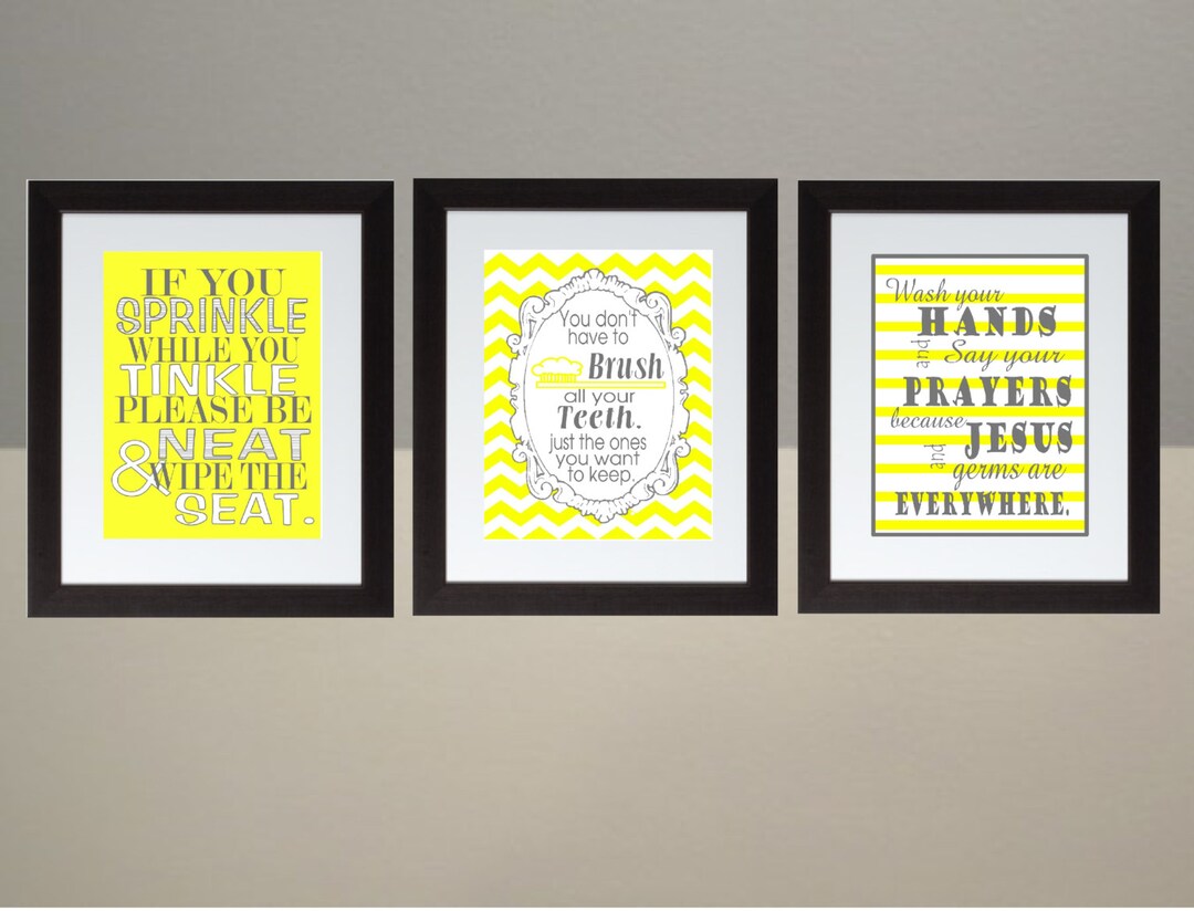 Yellow Gray Chevron Bathroom Wall Art Print Set Poster 8x10 Digital