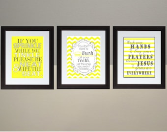 Yellow Gray Chevron bathroom Wall Art Print Set Poster 8x10 Digital Download Printable e-Print