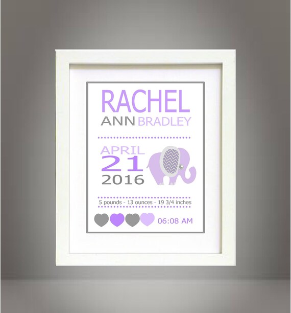 Custom Personalized Baby Girl Nursery Elephant Wall Art Print Poster 8x10 Digital Art Printable - Baby's Room