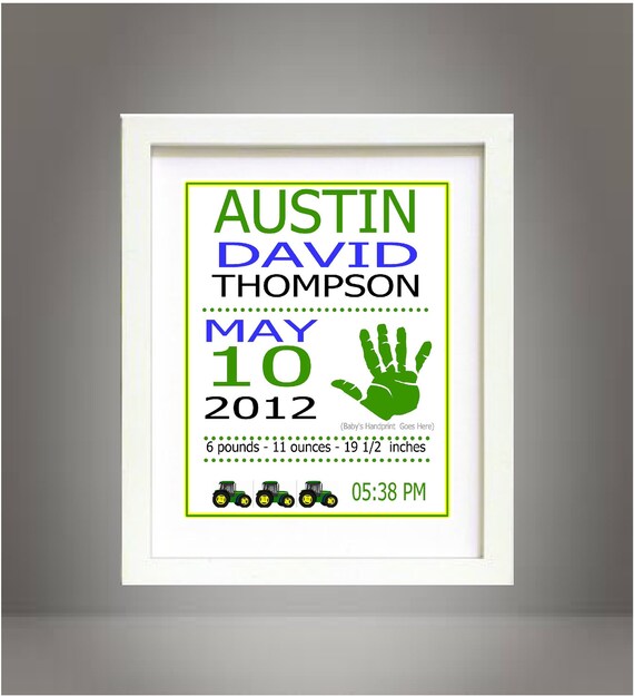 Custom Personalized Baby Boy Handprint Tractor Nursery Wall Art Print Poster 8x10 Digital Art Printable - Baby's Room