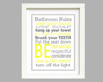Grey and Yellow Bathroom Rules Wall Art  Poster 8x10 Digital Art Download Printable Print