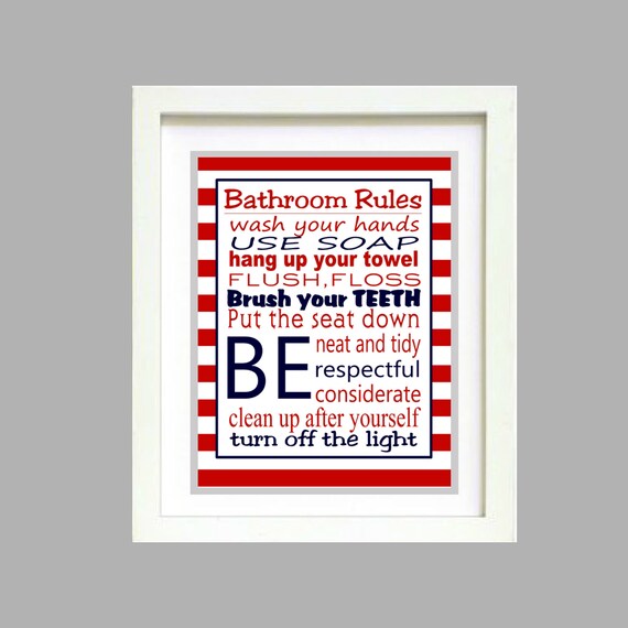 Red Stripes and Navy Bathroom Rules Wall Art  Poster 8x10 Digital Art Download Printable e-Print Print