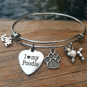 I Love My Poodle Bracelet - Expandable Poodle Charm Bangle - Dog Breed Bracelet - Bracelet for Poodle Owners