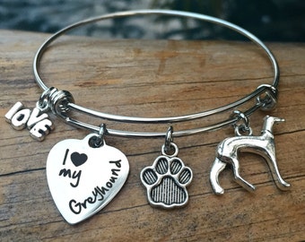 I Love My Greyhound Bracelet - Expandable Grayhound Dog Breed Charm Bangle - Bracelet for Retired Racing Dog Mom