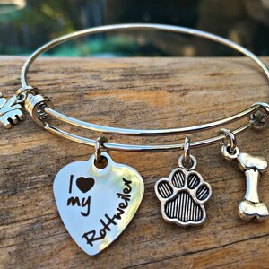I Love My Rottweiler Bracelet - Expandable Rotty Dog Charm Bangle - Dog Breed Bracelet - Jewelry for Rottweiler Owners