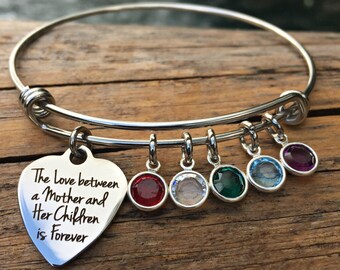 Mother's Day Children's Birthstone Bracelet for Mom- Personalized Expandable Charm Bangle for Mom - You Choose Main Charm