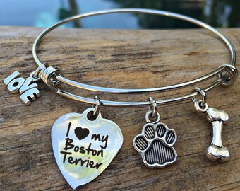 I Love My Boston Terrier Bracelet - Expandable Charm Bangle - Dog Breed Bracelet - Bracelet for Boston Terrier Owners