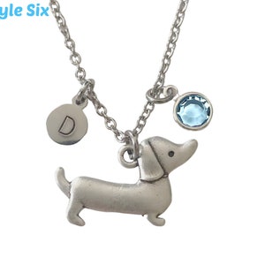 Personalized Doxie Dog Necklace - Dachshund Weiner Dog With Optional Dog Initial and Birth Crystal - Memorial Pet Loss Gift