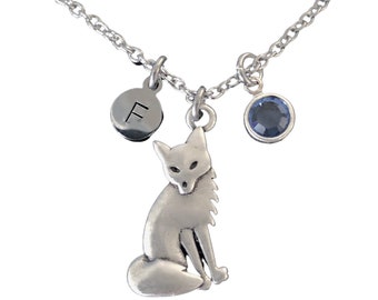 Fox Necklace - Grey Fox Pendant with Optional Initial and Birthstone - Gift for Silver Fox Lover - Multiple Chain Options for Men and Women