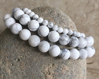 Grey Howlite Magnesite Gemstone Bracelet - White and Gray Stretch Stacking Bracelet for Men or Women - Three Sizes to Choose From