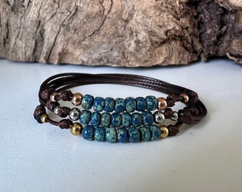 OC Beaded Beach Bracelet - Adjustable Cord Bracelet - Blue Teal Glass Bead Bracelet - Silver Rose Gold Accents - Waterproof Surfer Cord - A8