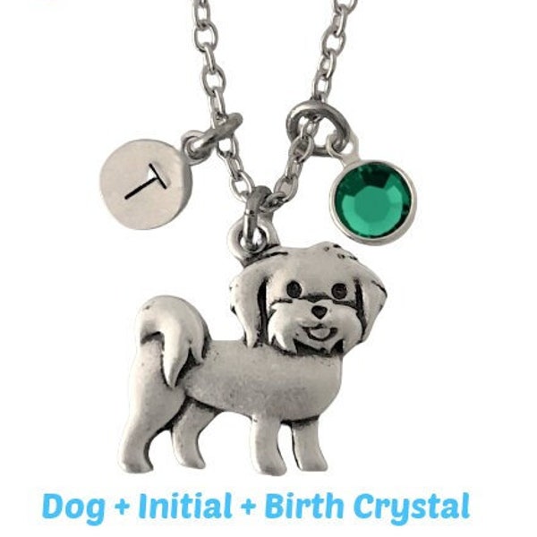 Personalized Maltese Terrier Dog Necklace With Optional Initial and Birth Crystal - Maltipoo Memorial Dog Jewelry -